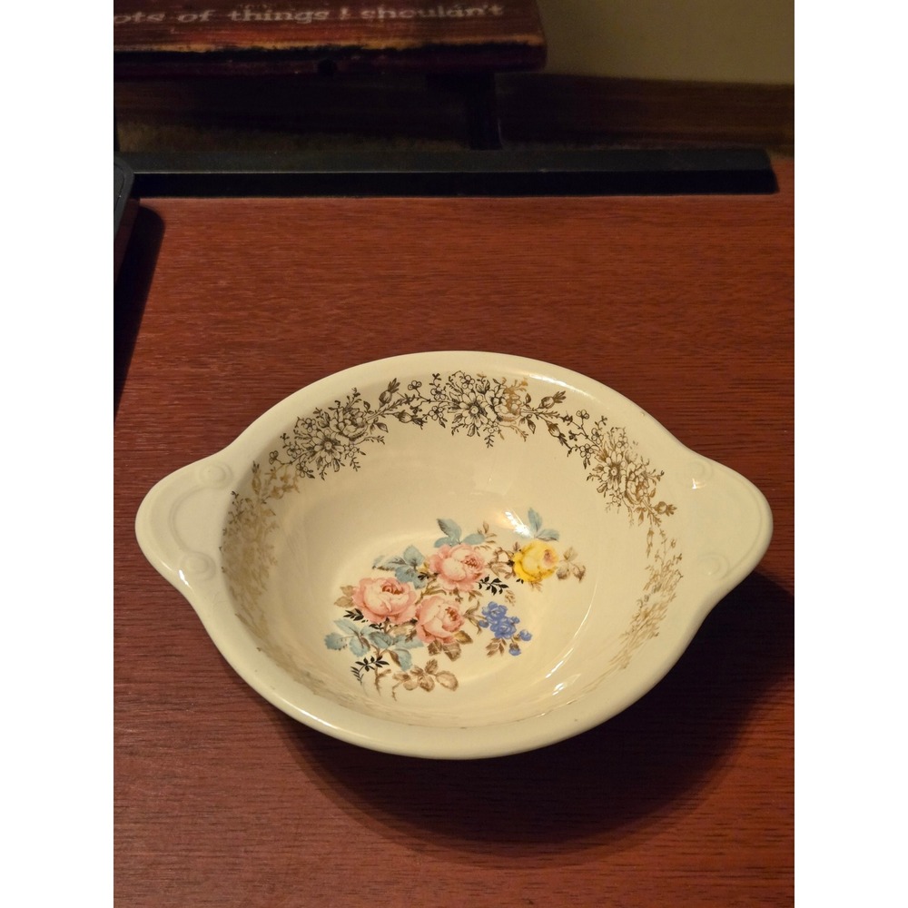 Vintage Taylor Smith Taylor TST Floral Lugged Bowl Pink Yellow Rose Gold Trim